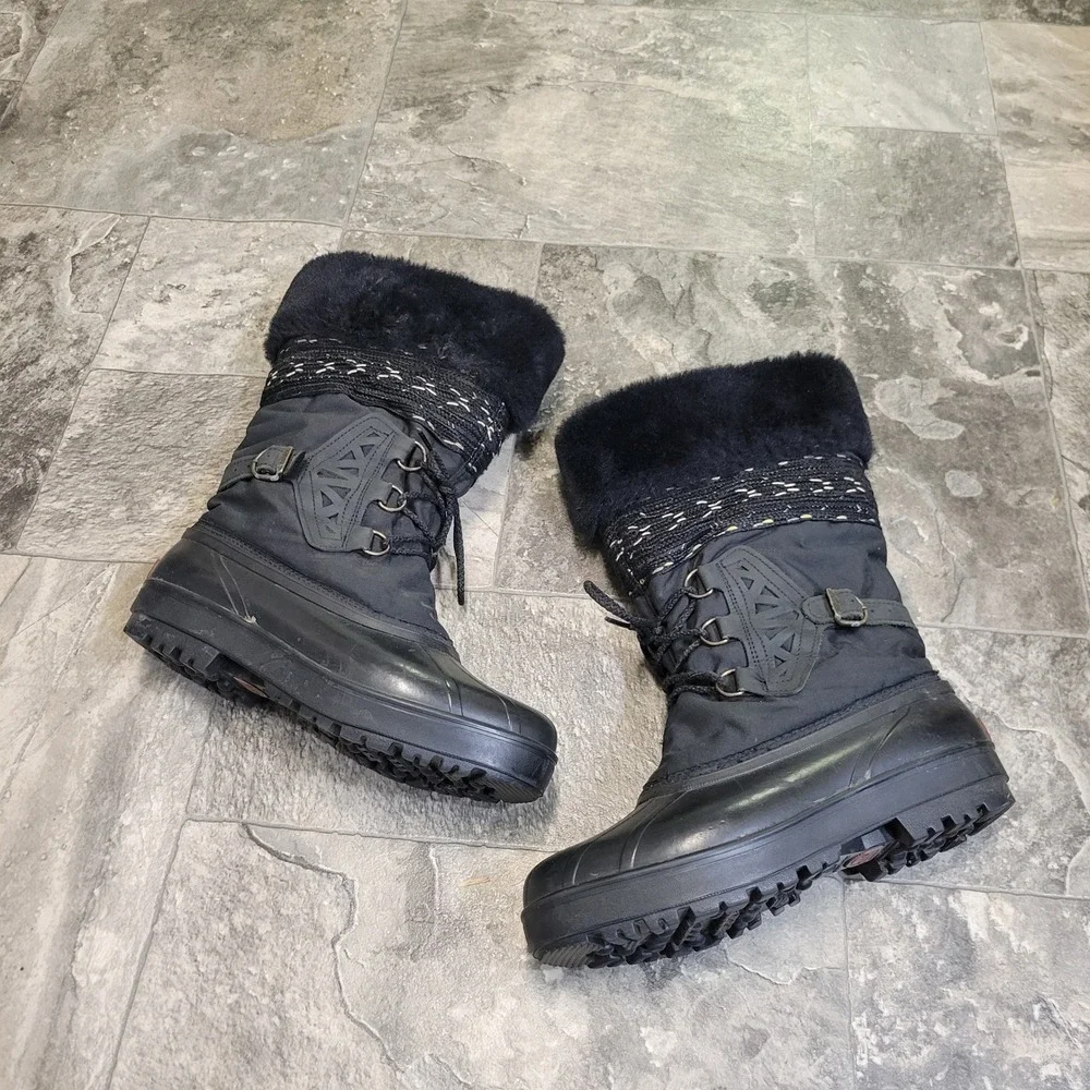 Vintage 90s y2k Sorel Winter Boots Black Faux Fur‎ Trim Lace Up Duck Boots 10